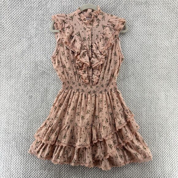 The Shirt by Richelle Behrens Mini Dress M Peach Floral Tiered Ruffle Coquette - Picture 1 of 16
